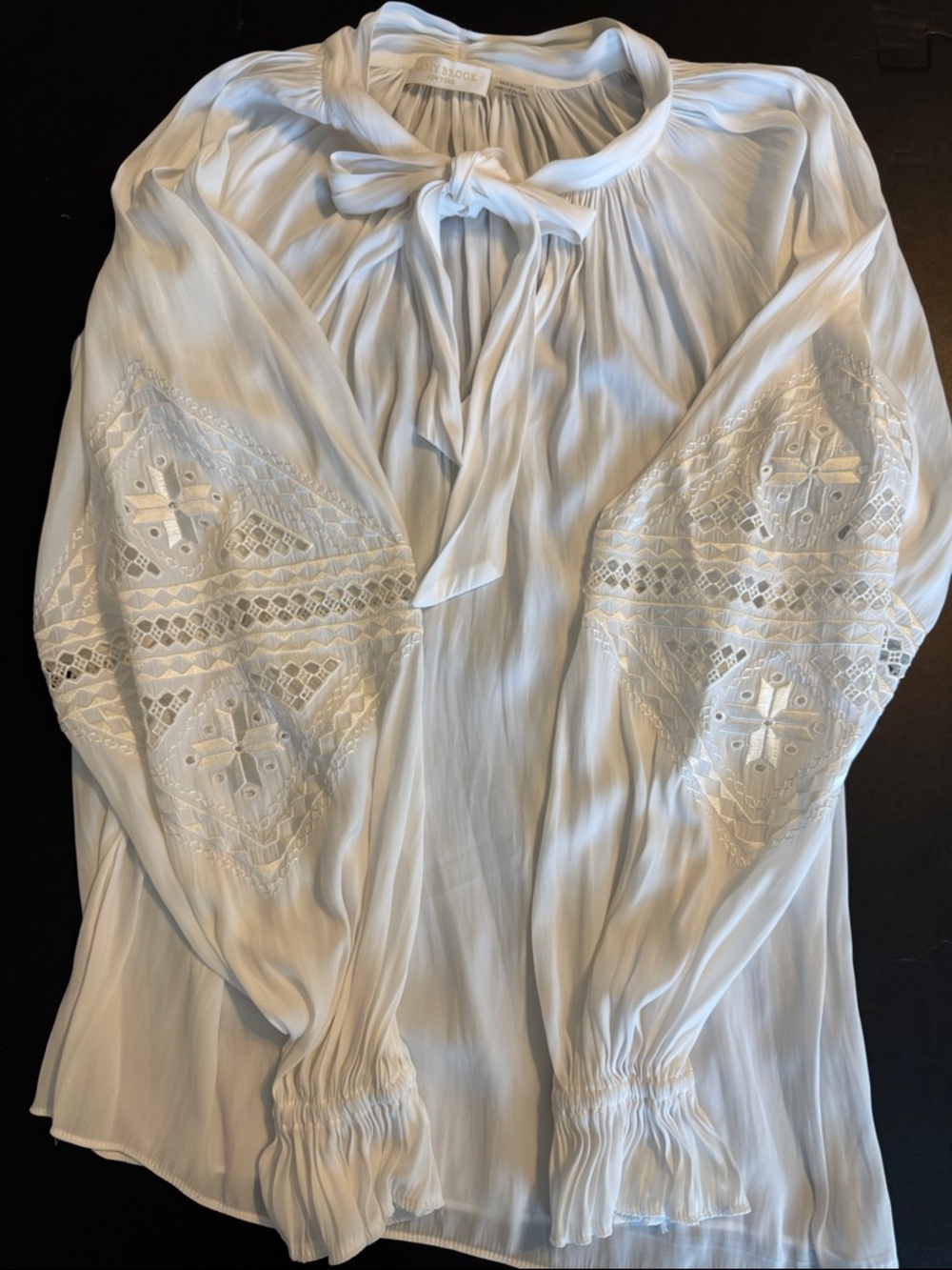 Ramy Brook White Silk Blend Tie Neck Blouse Embroidered Sleeves Boho XS